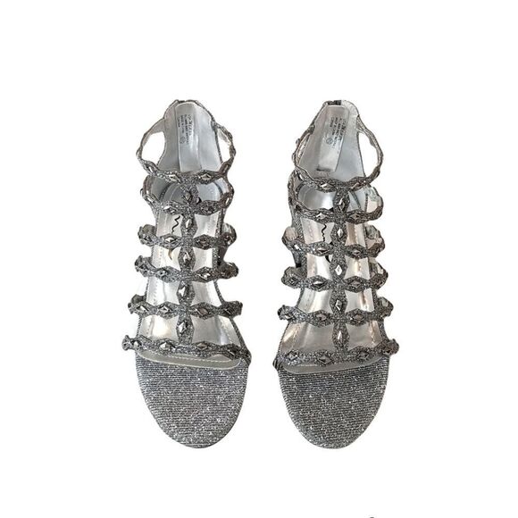 Nina Girls Silver Sparkle Gladiator Zipper Block Heel Sandals Size 2 - Picture 1 of 7